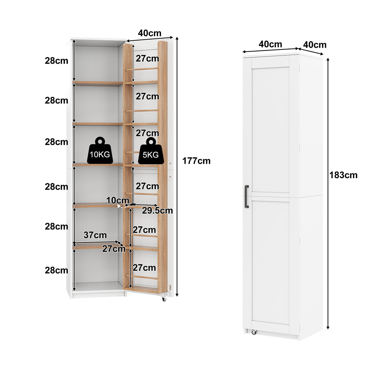 Armario de cocina, armario alto de almacenamiento con soportes para puertas y baldas ajustables, armario de provisiones para el salón, comedor y baño, 40 × 40× 183 cm