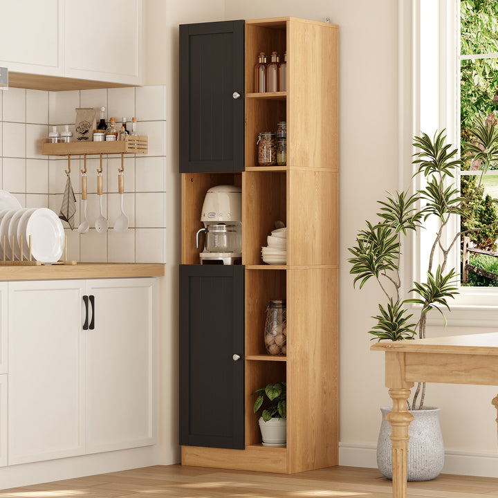Armario de esquina para la cocina, armario alto con 6 estantes abiertos, 2 puertas y patas de empotramiento ajustables, armario de cocina estrecho para la cocina, comedor y salón, protección contra inclinación, 50x35,5x170 cm, Ántracita/Oca
