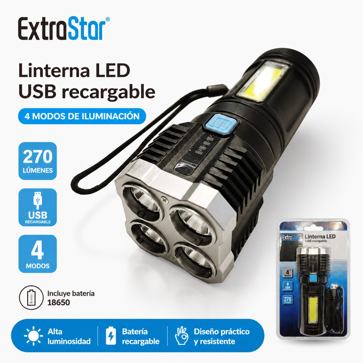 Linterna LED USB Recargable ExtroStar
