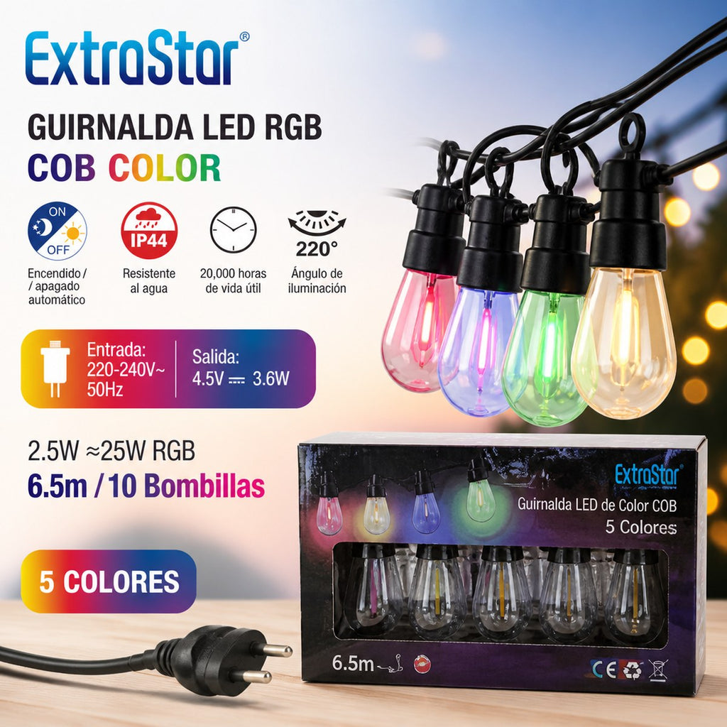 Guirnalda LED RGB ExtraStar, 6.5m, 10 Bombillas