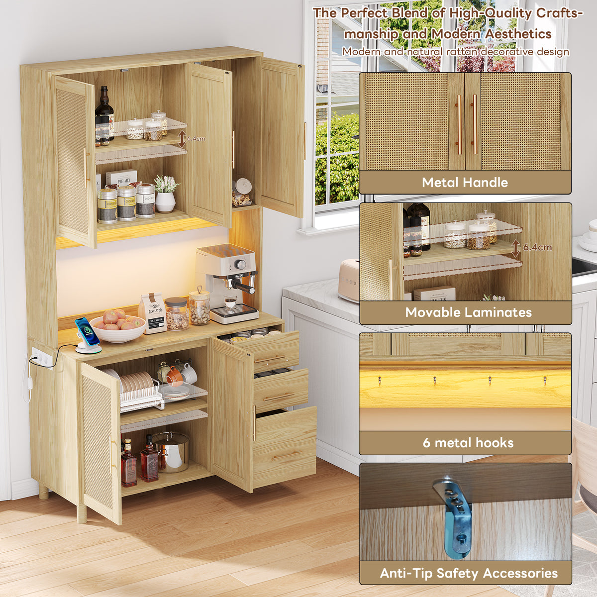 Antecabina de cocina de 183 cm, bufet, luces de decoración LED controladas por app, 2 x USB, 2 x enchufes, tableros de empotramiento ajustables, 3 cajones, asas de metal doradas, ideal para cocinas y comedores.