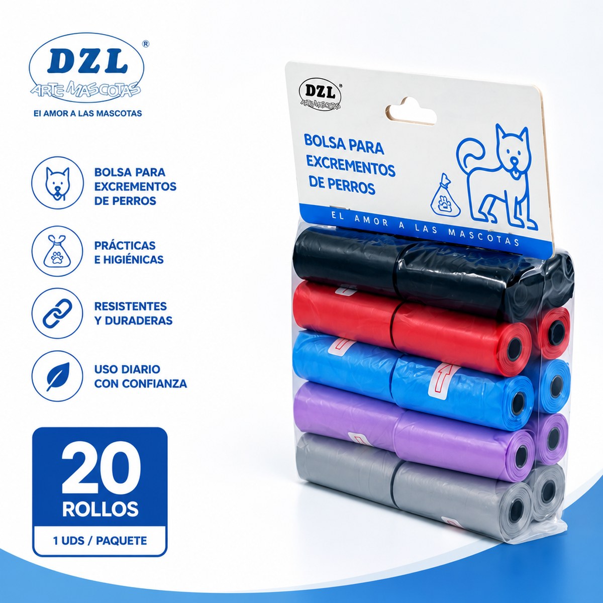 Bolsas para excrementos de perros DZL, 20 rollos