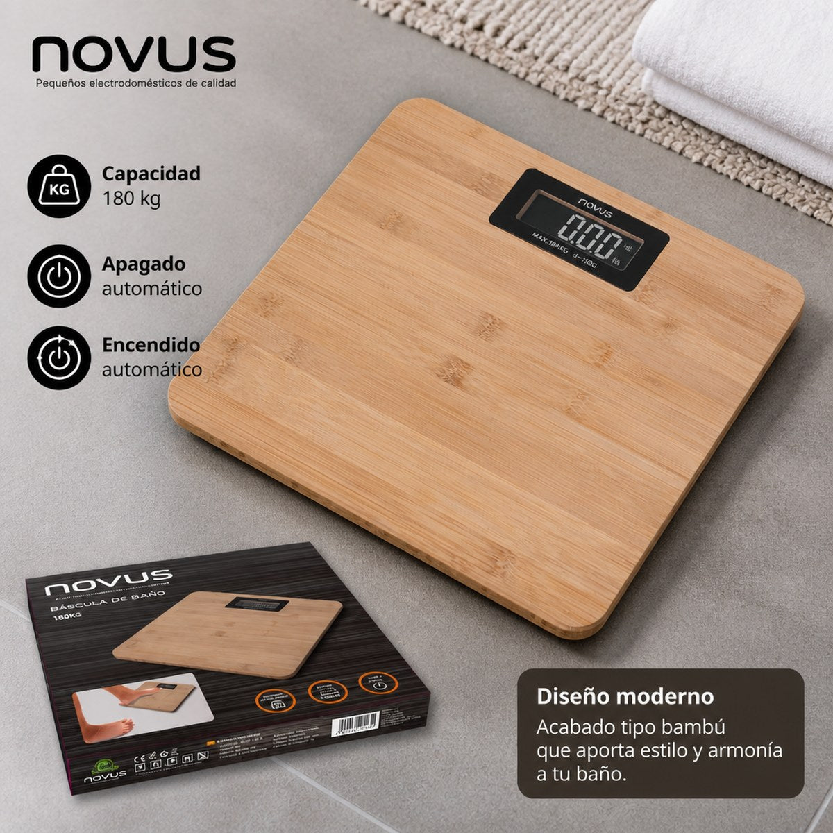 Balanza de baño digital Novus con superficie de bambú