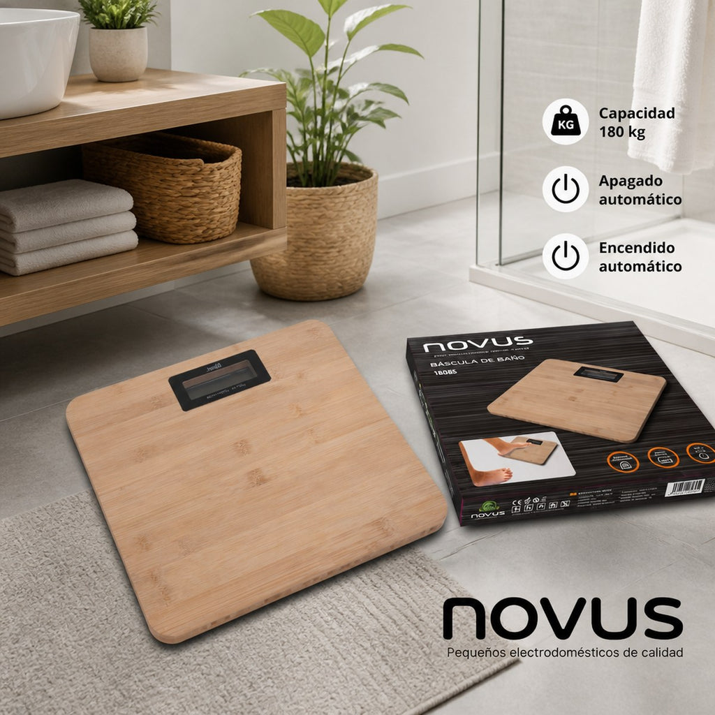 Balanza de baño digital Novus con superficie de bambú