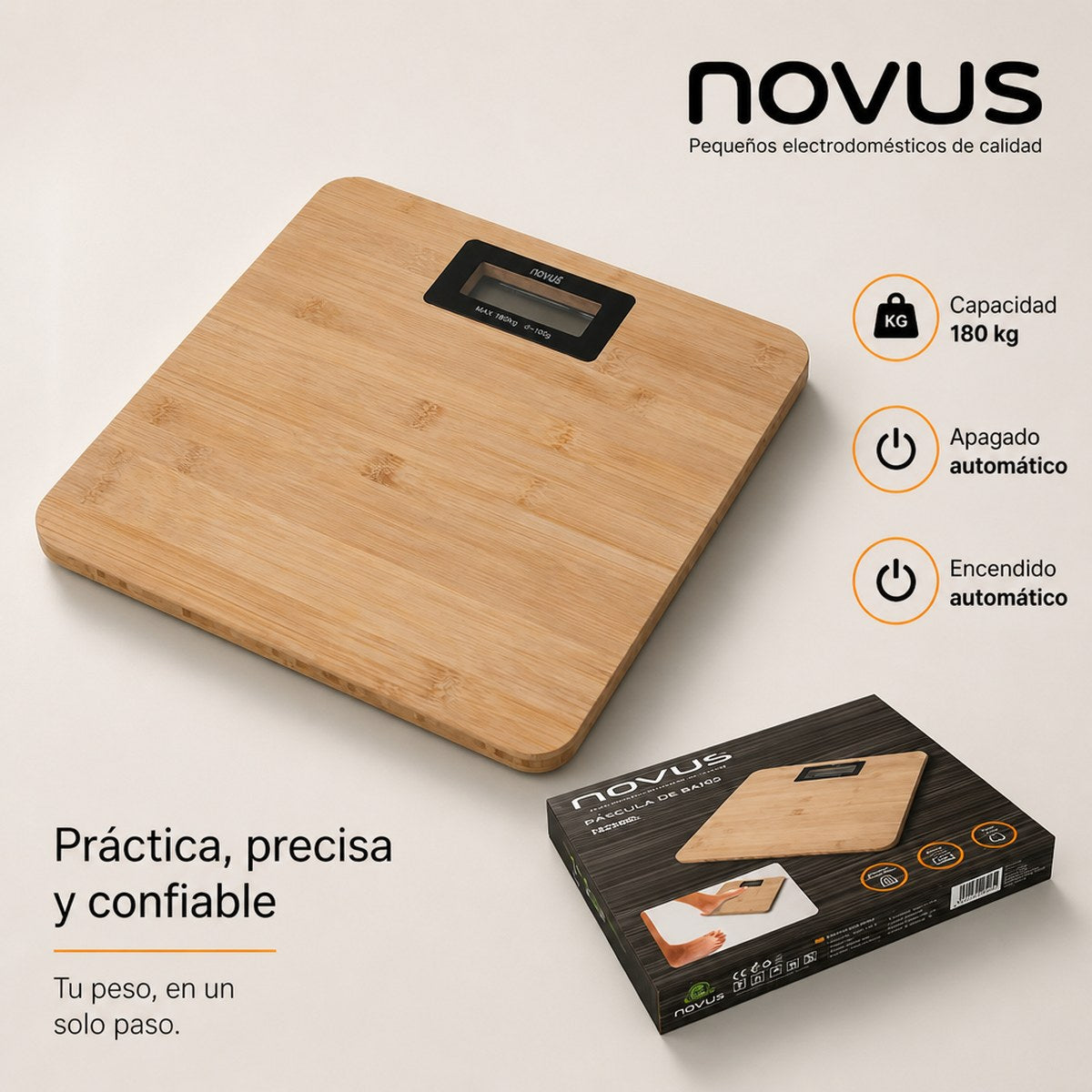 Balanza de baño digital Novus con superficie de bambú