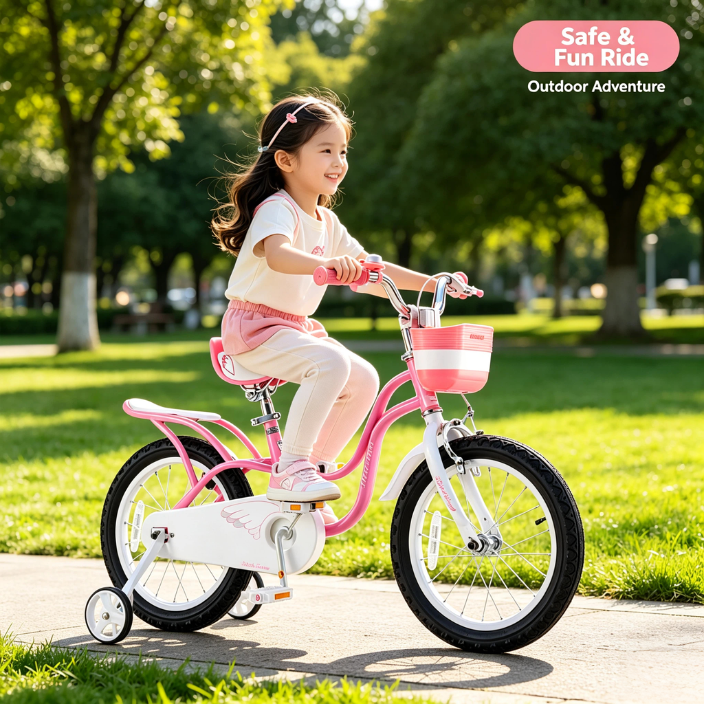 Bicicleta para Niñas y Niños de Color Rosa y Blanco, Segura y Ligera con Ruedas de Entrenamiento