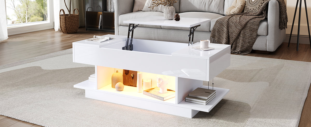 Mesón de Sofá con Luz LED y Placa Elevable – 98×45×40 cm, Blanco con Almacenamiento Oculto