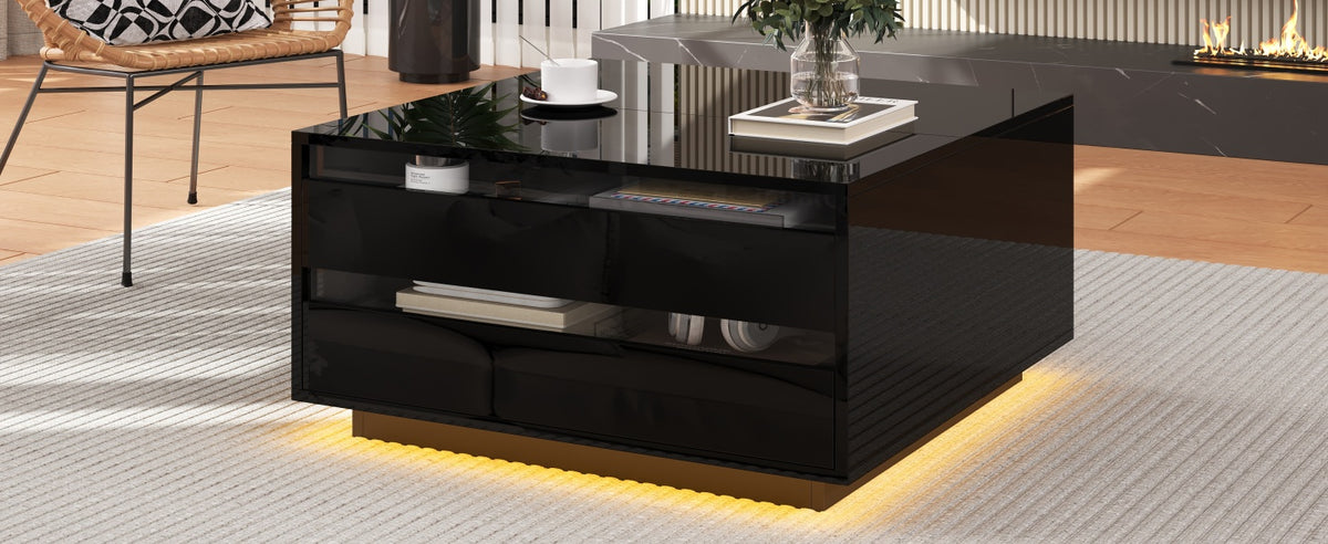 Mesón de salón de 70*70*38cm, Mesón de café elevador con tira de luz LED, Sofático con 1 cajón, Mesón auxiliar de alta brillantez con espacio de almacenamiento oculto y puertas con abertura superior, Negro