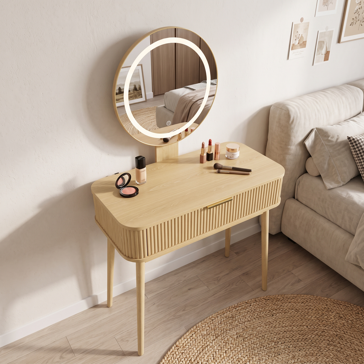 Ducha de pie con iluminación LED y espejo, 80 x 40 x 133 cm, con cajones extra grandes, ideal para pequeños espacios y dormitorios, color de madera de oca (Sin sillas)