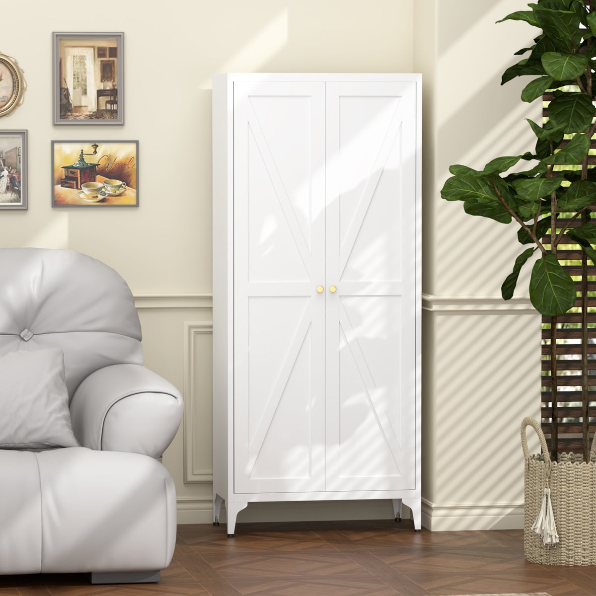 Gabineté de almacenamiento metálico de dos puertas para despensa de la cocina, con estantes ajustables, gabineté alto de acero para la cocina, salón, comedor y oficina, blanco