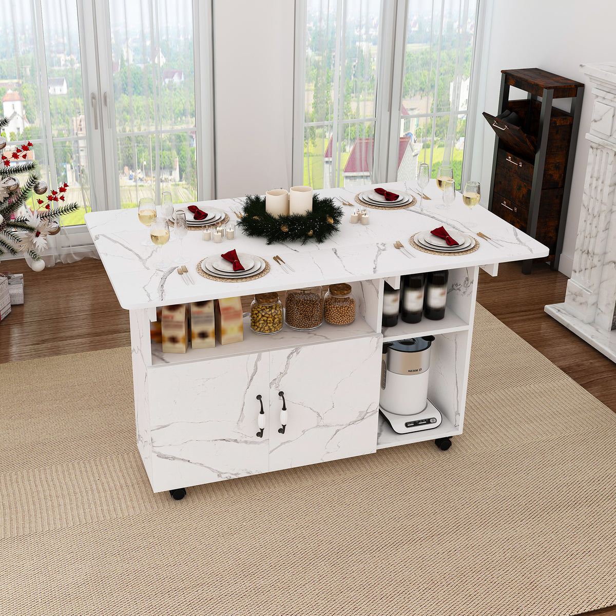 Mesa de comedor plegable rectangular móvil de 110x70x80 cm, multifuncional con 5 plataformas de almacenamiento y 5 ruedas con freno (4 fijas), ahorra espacio para cocina, casa, oficina, residencia estudiantil, estilo mármol blanco