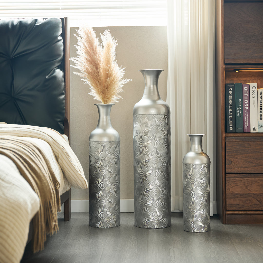 Set de 3 Vasos de Piso con Estampado de Olas, Color Plata (50/66/83 cm) - Grandes Vasos Decorativos de Metal como Cubiertos para Plantas, Decoración para Salón y Pasillo en Estilo Moderno