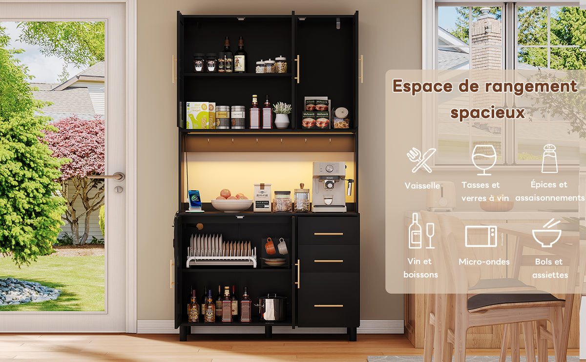 Antepecho de cocina de 183 cm, bufete, luces de decoración LED controladas por app, 2 x USB, 2 x enchufes, tableros de empotramiento ajustables, 3 cajones, mangoes de metal dorados, ideal para cocinas y comedores.