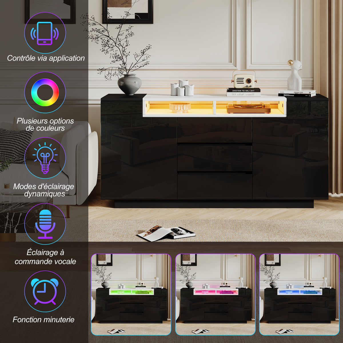 140*40*68cm Sideboard para el salón con 2 puertas en forma de L, armario para el salón con tabiques ajustables y luces LED, armario con lustre con 3 cajones, cómoda, negro