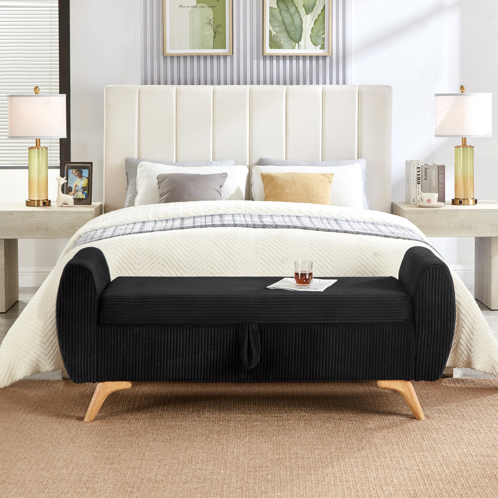 Banco de silla plegable con espacio de almacenamiento y patas de madera – 145×51×57 cm, para dormitorio, sala de estar y pasillo