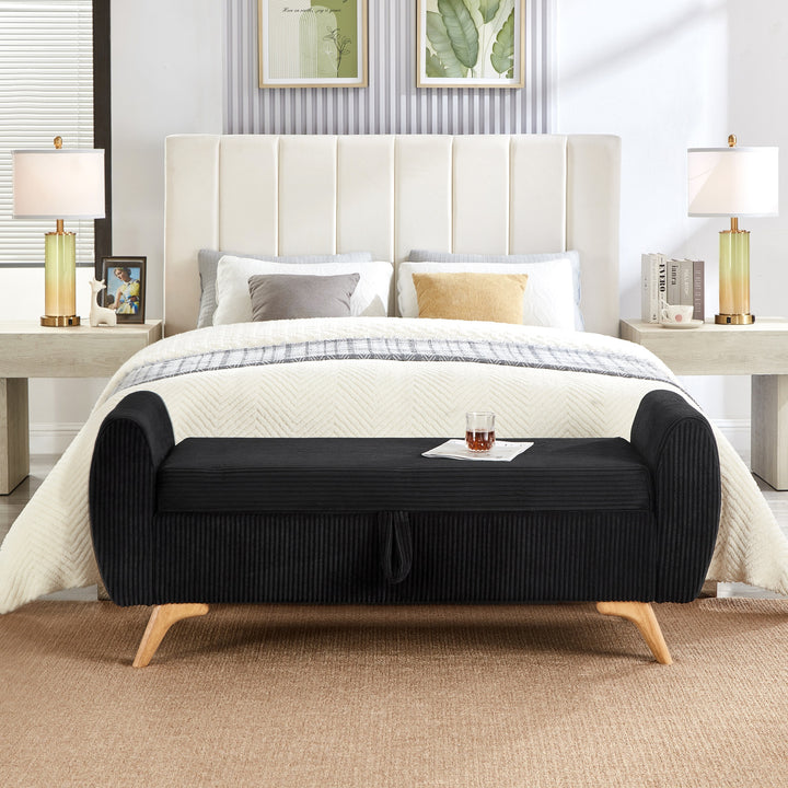 Banco de silla plegable con espacio de almacenamiento y patas de madera – 145×51×57 cm, para dormitorio, sala de estar y pasillo