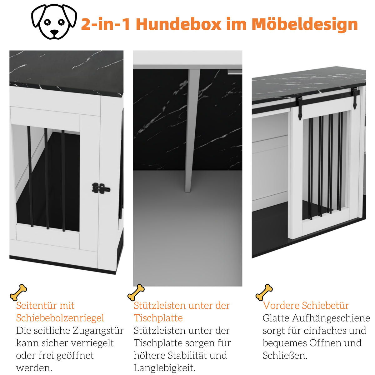 Caja para perro 2 en 1, Hoguera interior para perro, Caja para perro de madera y metal en diseño de mobiliario, como mesita de noche, para perros pequeños a medianos, 140 x 60 x 87 cm, blanca, Mesa con folio de aspecto de mármol negro