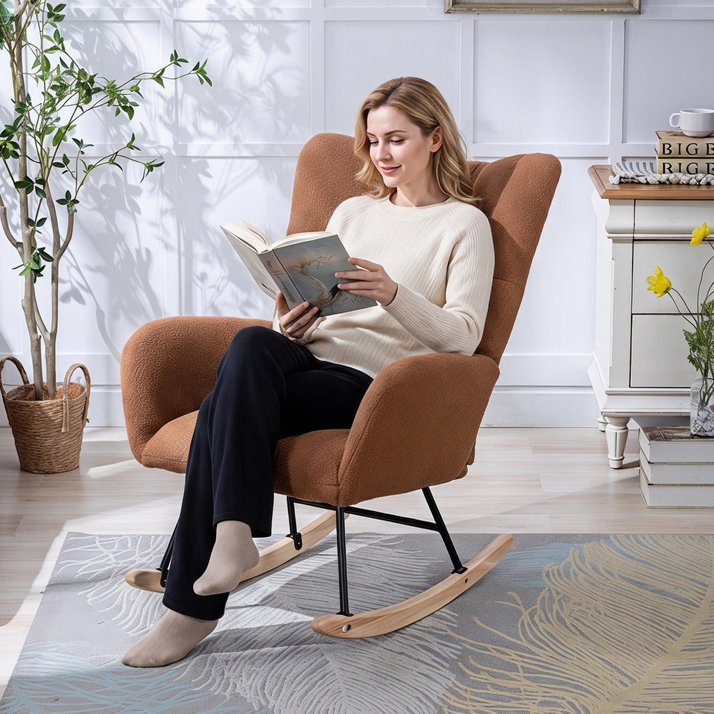 Silla de rock de tela de osito con bolsillo, Silla de rock suave para el cuarto de bebé, Silla de rock con respaldo en forma de alas cómoda con base de madera sólida segura, Sala de estar, Marrón