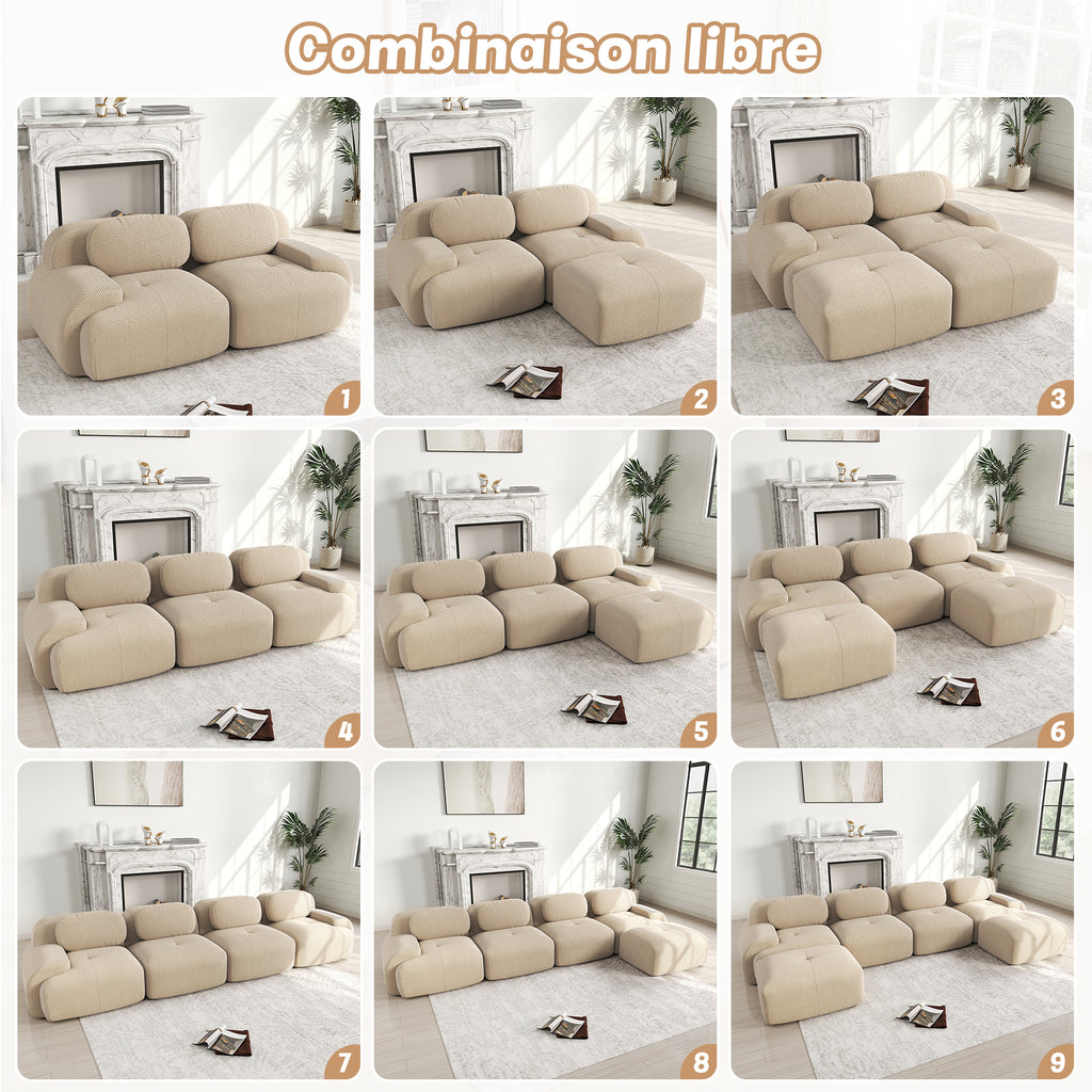 Sofá angular de 4 plazas con relleno de 32D de alta elasticidad, sofá sin armazón, antiresbaladante, con chaiselongue, reposabrazos extra anchos, combinable libremente, sin montaje para oficina, salón y cine en casa, color beige