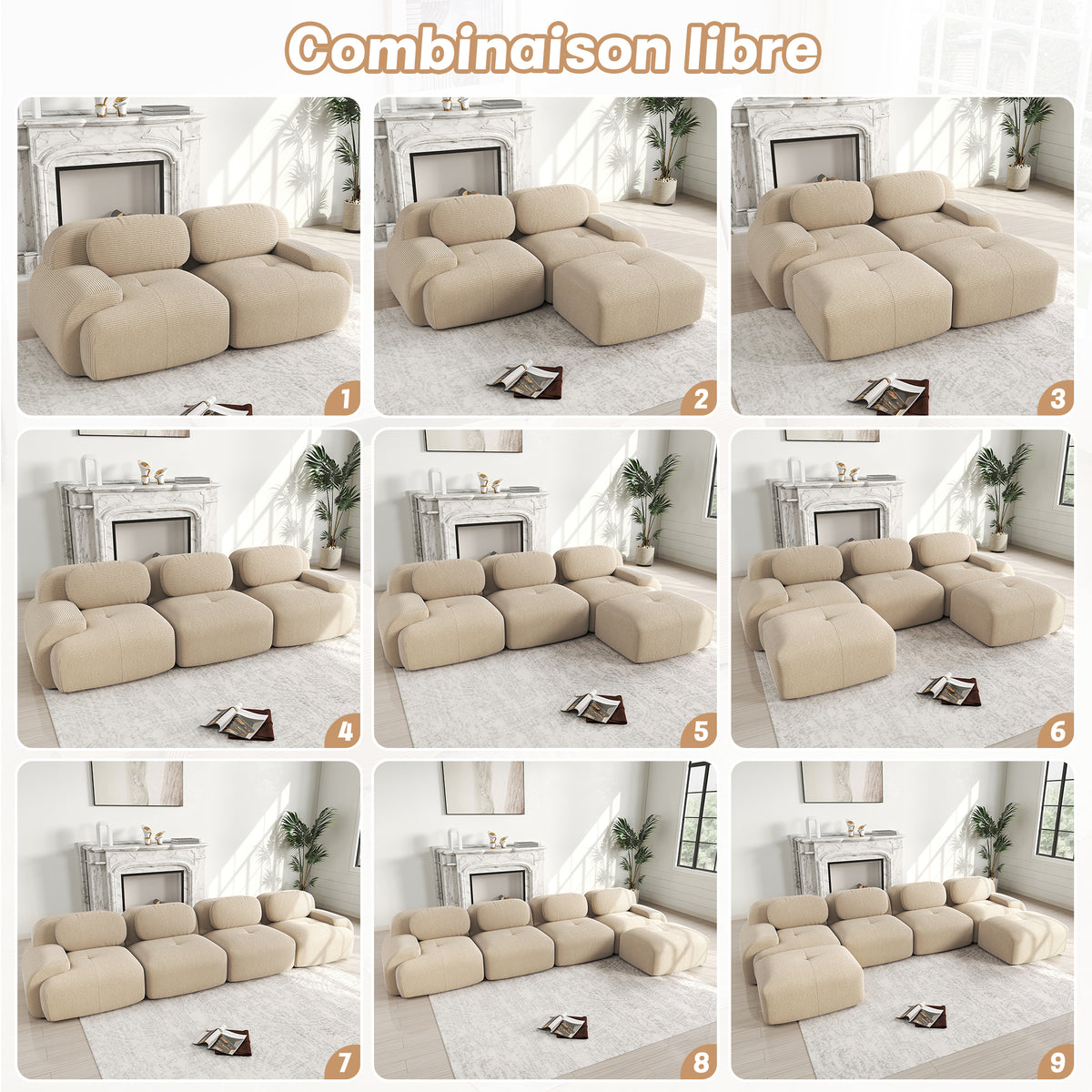 Sofá angular de 4 plazas con relleno de 32D de alta elasticidad, sofá sin armazón, antiresbaladante, con chaiselongue, reposabrazos extra anchos, combinable libremente, sin montaje para oficina, salón y cine en casa, color beige