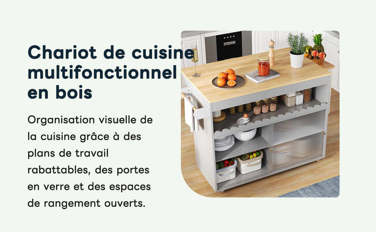 122 x 46(69) x 91 cm, Cocina con isla plegable, Mesón de trabajo de madera de roble, Puertas correderas de cristal templado, Tableros de empotramiento ajustables, Anclaje para toallas, Gran Cocina con isla