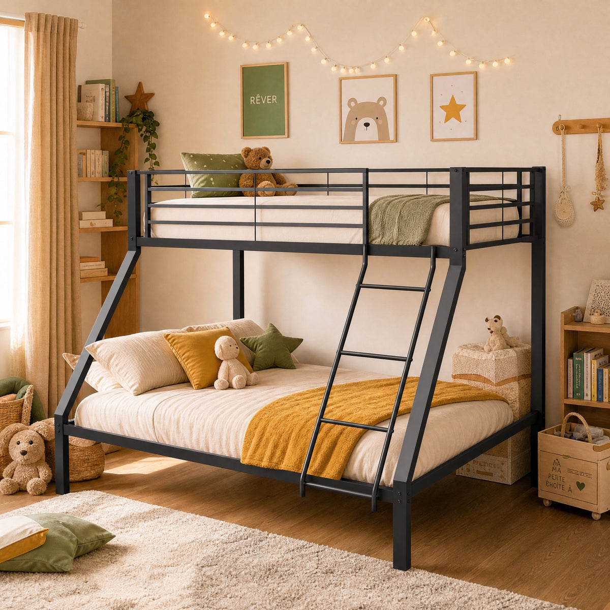 Cama bunk Metal 90/140 x 200 cm – Cama familiar y bunk con protección contra caídas, escalera segura y rejilla, construcción estable, silenciosa, para niños, jóvenes y adultos, Negro