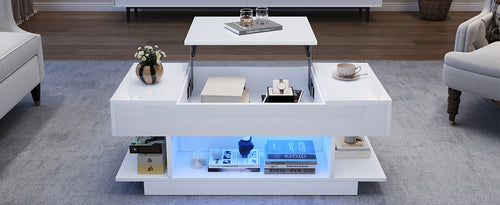 98*45*40cm Lift - Couchtisch con placa de elevación, Sofático con altura ajustable, Mesón de café con 2 armarios plegables, Mesón de salón con espacio de almacenamiento semi - abierto, Mesón de té con brillo alto y LED, Blanco