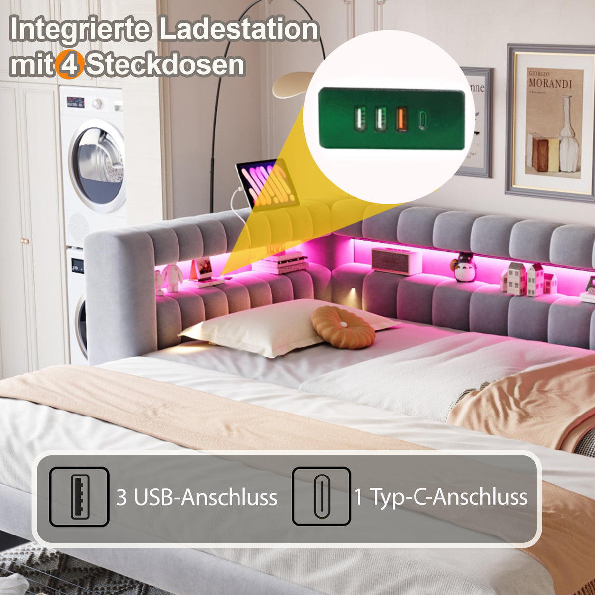 Sofá cama con cojines 90/180 × 190 cm, con cama extraíble y cajones, estantes integrados, iluminación LED, conectores USB y Typ-C, tela de seda gris claro