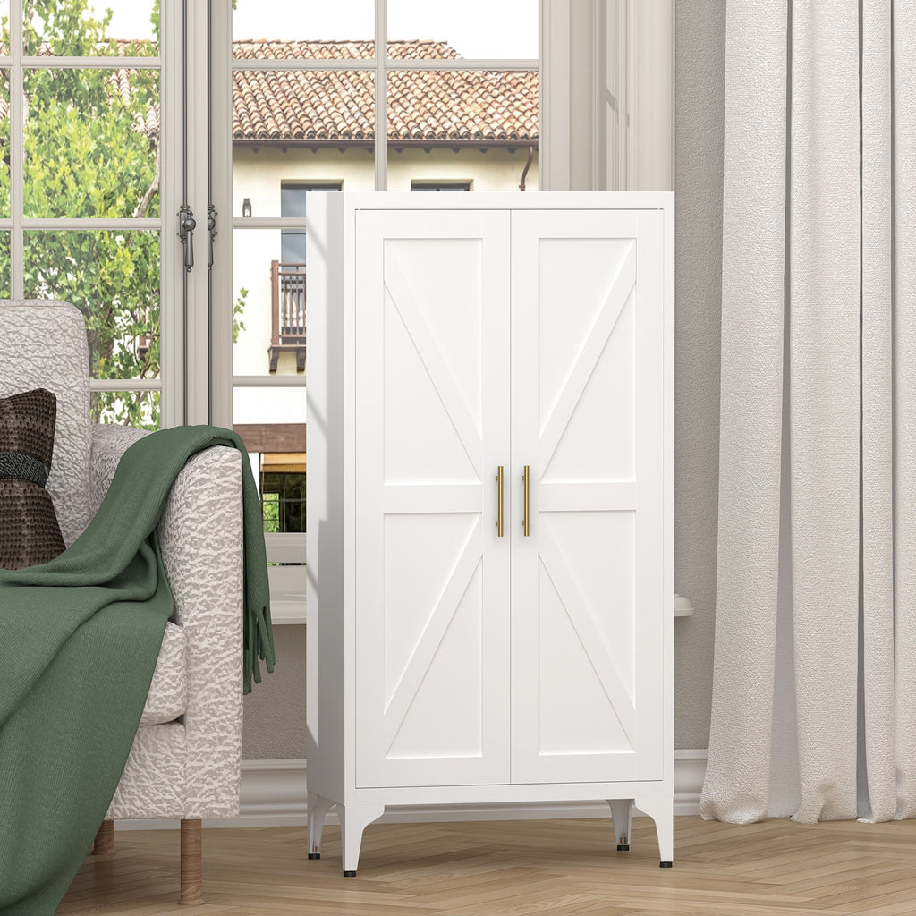 Gabinet de almacenamiento metálico de 2 puertas ajustable para despensa de la cocina, gabinete de despensa con estantes ajustables, todo de acero, para la cocina, el salón, el comedor y la oficina, blanco