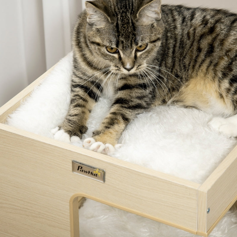 Tonera para gato, casa para gato, 2 niveles, incluye juguete, 34 cm x 34 cm x 60 cm, Natural + Gris claro