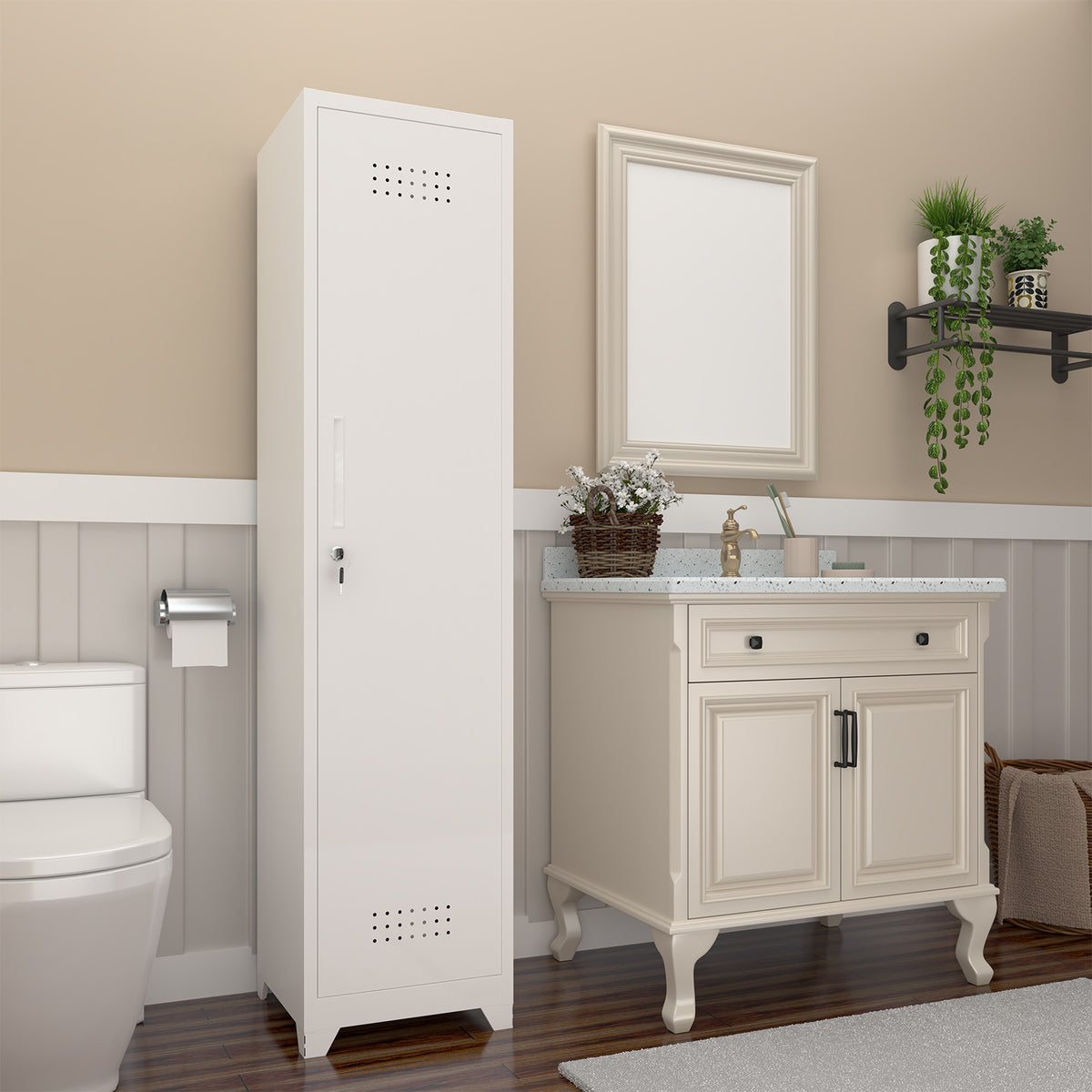 Gabineté de almacenamiento para limpieza de metal esbelto y blanco con puerta cerradora, estantes y barra de colgado, 65" de alto, organizador de utilidades para la cocina, despensa, oficina, taller y garaje