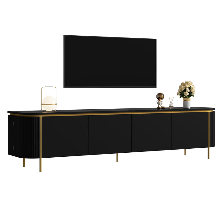 Armario bajo para TV con patas de hierro, 6 puertas, bordes redondeados y ranurado para cables, ideal para el salón