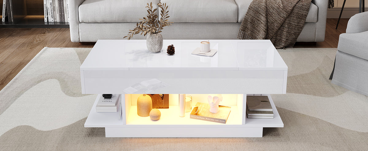 Mesón de Sofá con Luz LED y Placa Elevable – 98×45×40 cm, Blanco con Almacenamiento Oculto