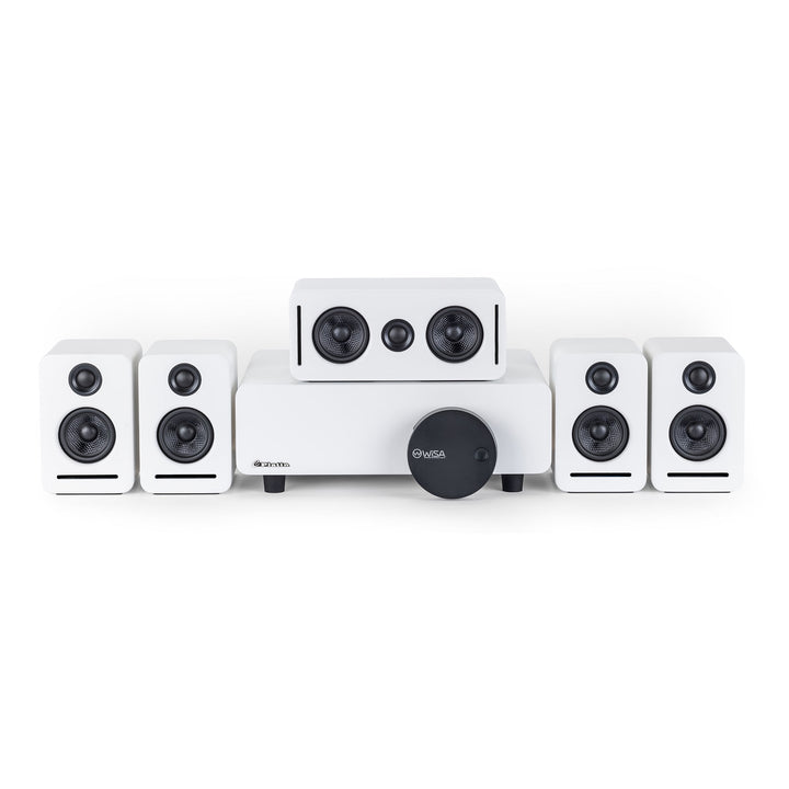 Sistema de sonido doméstico inalámbrico 5.1 Dolby Atmos (Blanco) – Set de envolvente Monaco, WISA con baja latencia para la mejora del sonido de TV sin retraso, Ideal para apartamentos y salones de estar