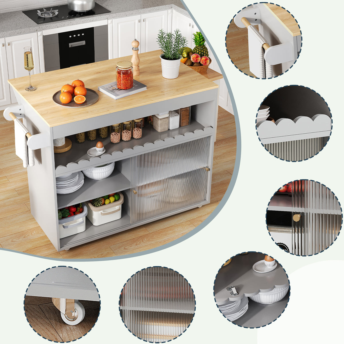 122 x 46(69) x 91 cm, Cocina con isla plegable, Mesón de trabajo de madera de roble, Puertas correderas de cristal templado, Tableros de empotramiento ajustables, Anclaje para toallas, Gran Cocina con isla