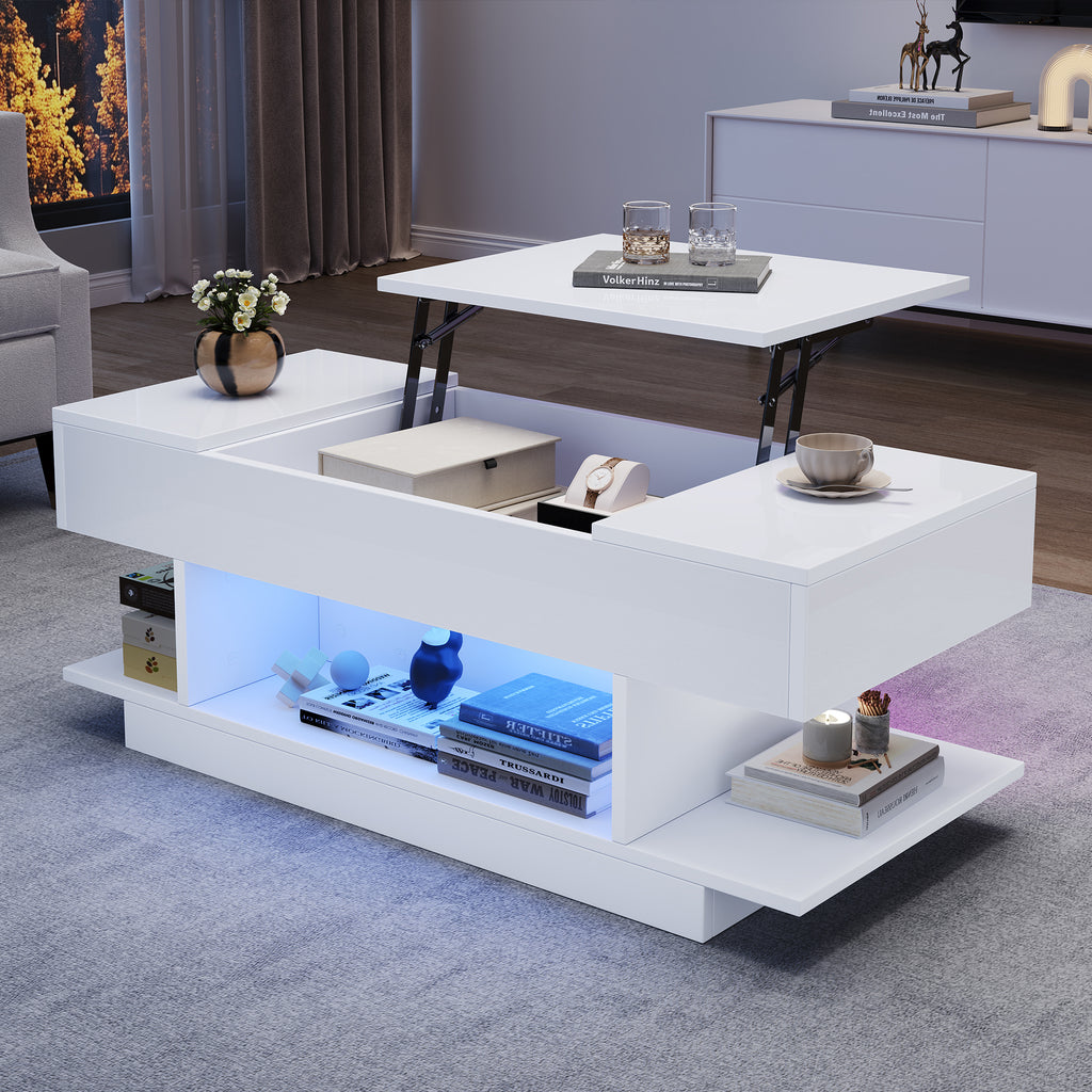 Mesón de Sofá con Luz LED y Placa Elevable – 98×45×40 cm, Blanco con Almacenamiento Oculto