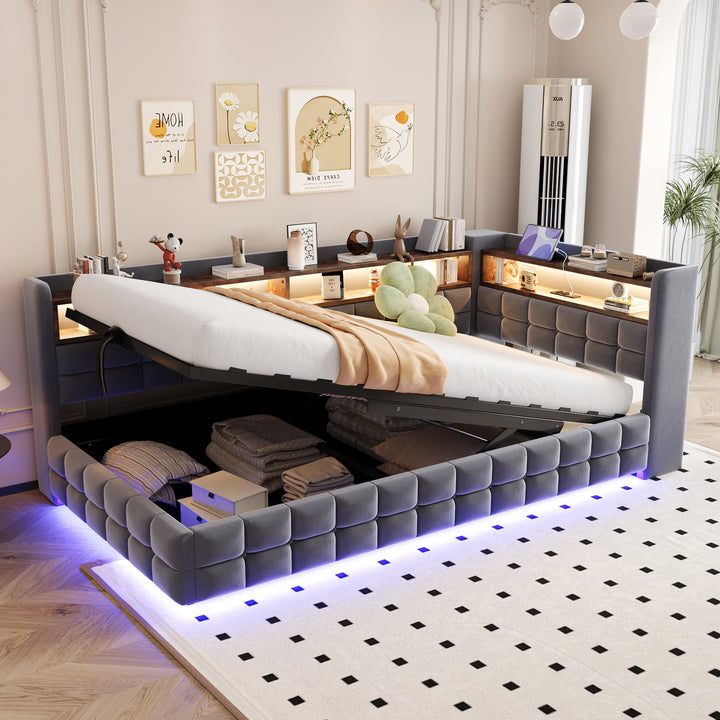 Sofa cama poltrona multifuncional 90 × 200 cm, con espacio de almacenamiento hidráulico, estante de madera, tira de luz LED, toma de corriente, conectores de carga USB y Type-C, soporte de armazón de madera, material de terciopelo gris oscuro