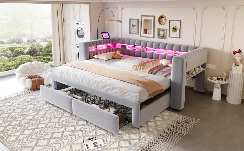 Sofá cama con cojines 90/180 × 190 cm, con cama extraíble y cajones, estantes integrados, iluminación LED, conectores USB y Typ-C, tela de seda gris claro