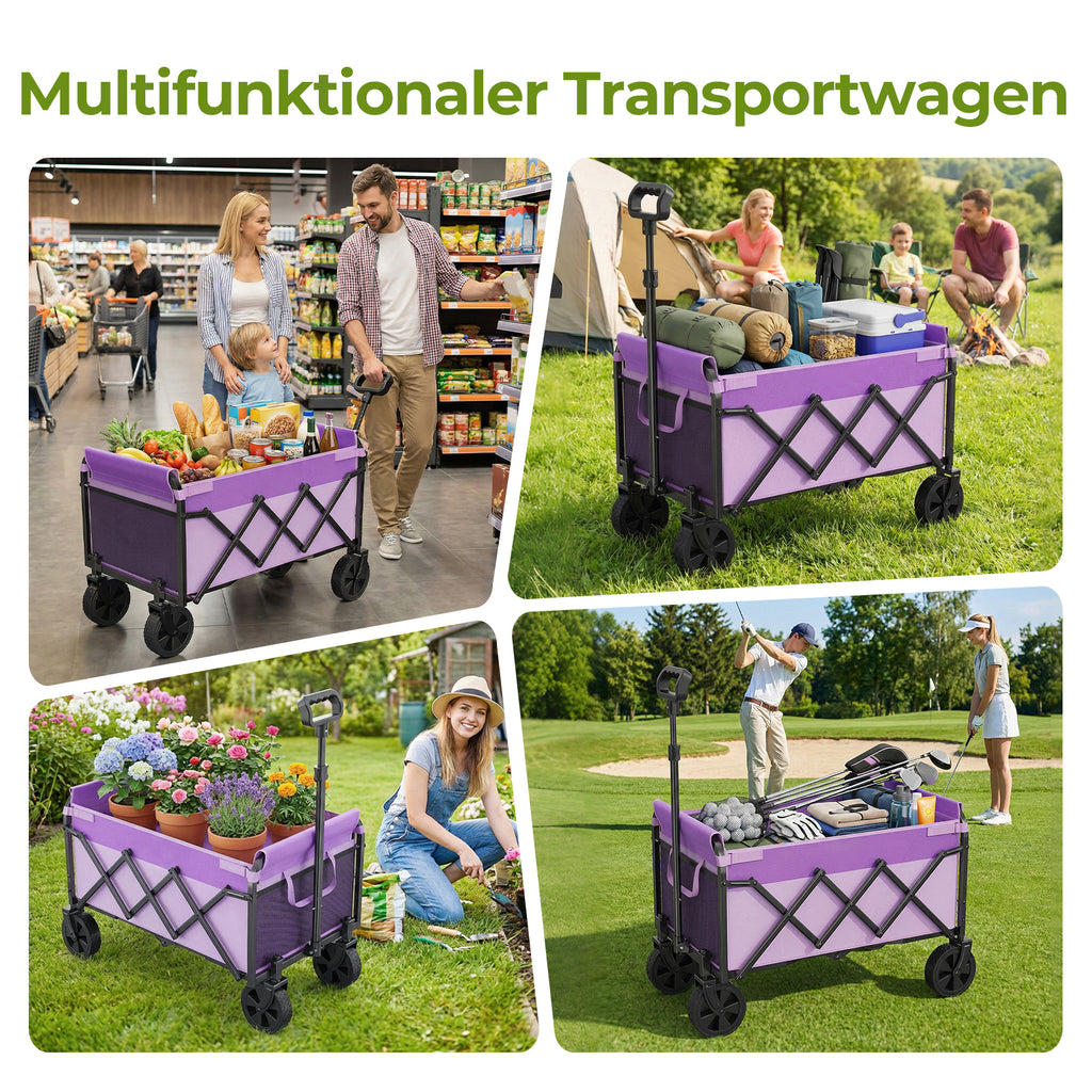 Mini Carro de Carga Plegable Pequeño de 100KG, Carro Manual Plegable, Carro de Comercio Plegable, Carro de Carga para Camping con Asa Ajustable en Altura, Ligero, Espacio Economizador y Estable, Lila