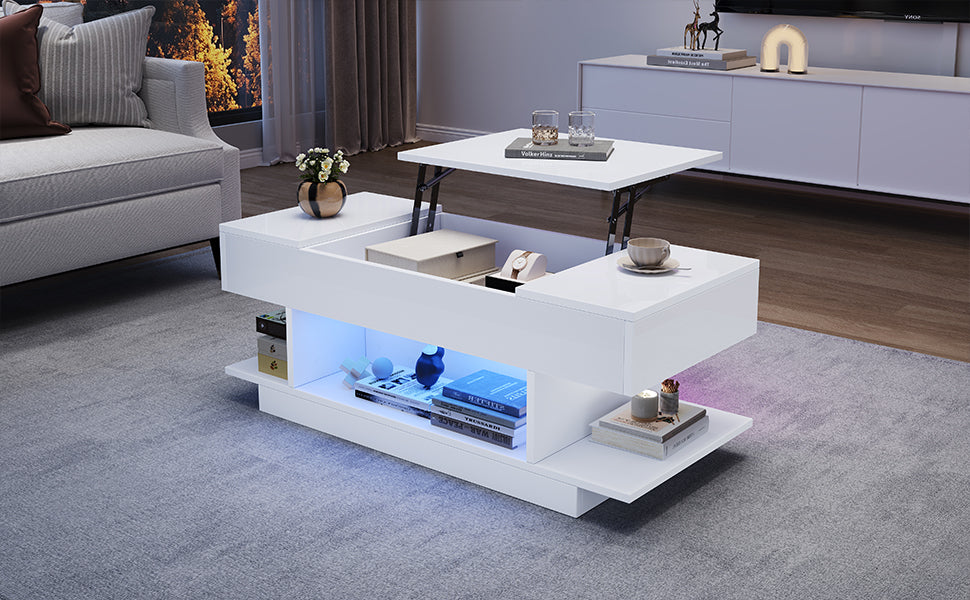 Mesón de Sofá con Luz LED y Placa Elevable – 98×45×40 cm, Blanco con Almacenamiento Oculto