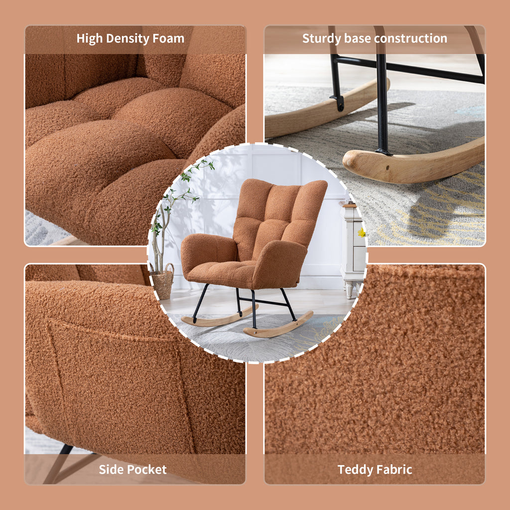 Silla de rock de tela de osito con bolsillo, Silla de rock suave para el cuarto de bebé, Silla de rock con respaldo en forma de alas cómoda con base de madera sólida segura, Sala de estar, Marrón