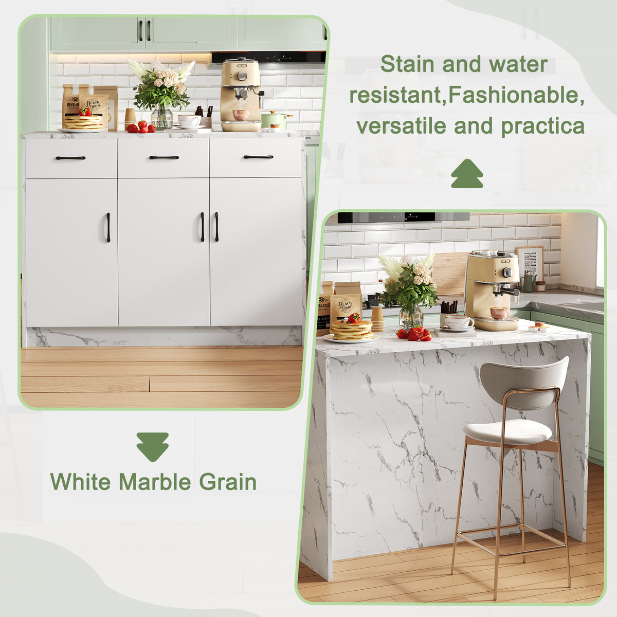 Gran isla de cocina de 120 x 60 x 90,5 cm, 3 cajones y 3 puertas, diseño de mármol blanco, soportes de empotramiento ajustables, cajones silenciosos, diseño de barbería - Accesorios para la cocina elegantes y prácticos