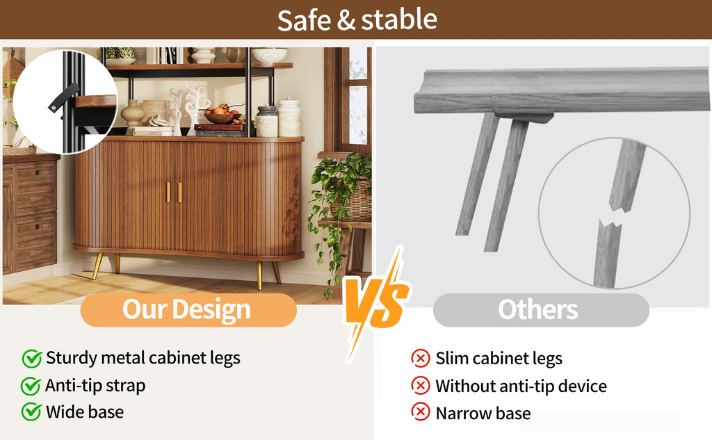 Gabinetto con puertas correderas y estante superior, estante abierto de 4 niveles, armario de cocina moderno con revestimiento de listas verticales, patas de metal doradas, armario de almacenamiento para comedor y salón, color oscuro