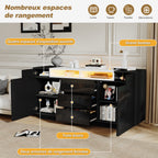 140*40*68cm Sideboard para el salón con 2 puertas en forma de L, armario para el salón con tabiques ajustables y luces LED, armario con lustre con 3 cajones, cómoda, negro