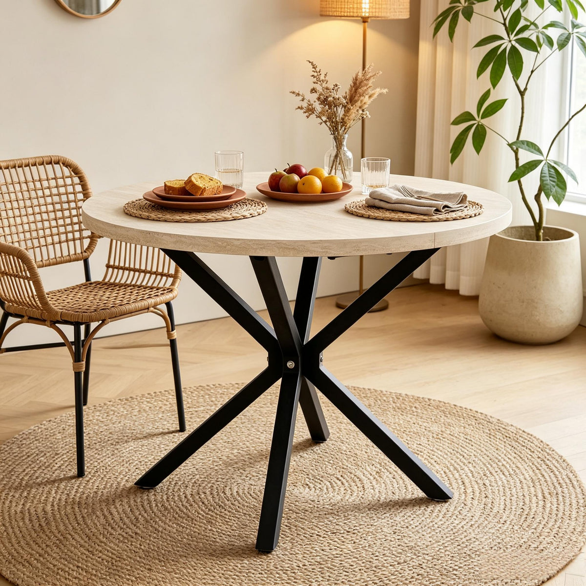 Mesa de comedor redonda moderna con estructura cruzada, Mesa redonda, Mesa universal con silueta elegante (solo mesa)