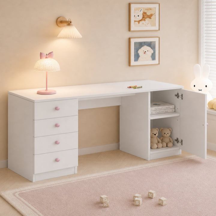 Mesa de escritorio, mesa de trabajo, mesa de computadora, con 4 cajones y una superficie de almacenamiento, muebles para niños, mesa de estudio con espacio de almacenamiento, empuñaduras de cerámica rosa, 155*45*74 cm, Blanco