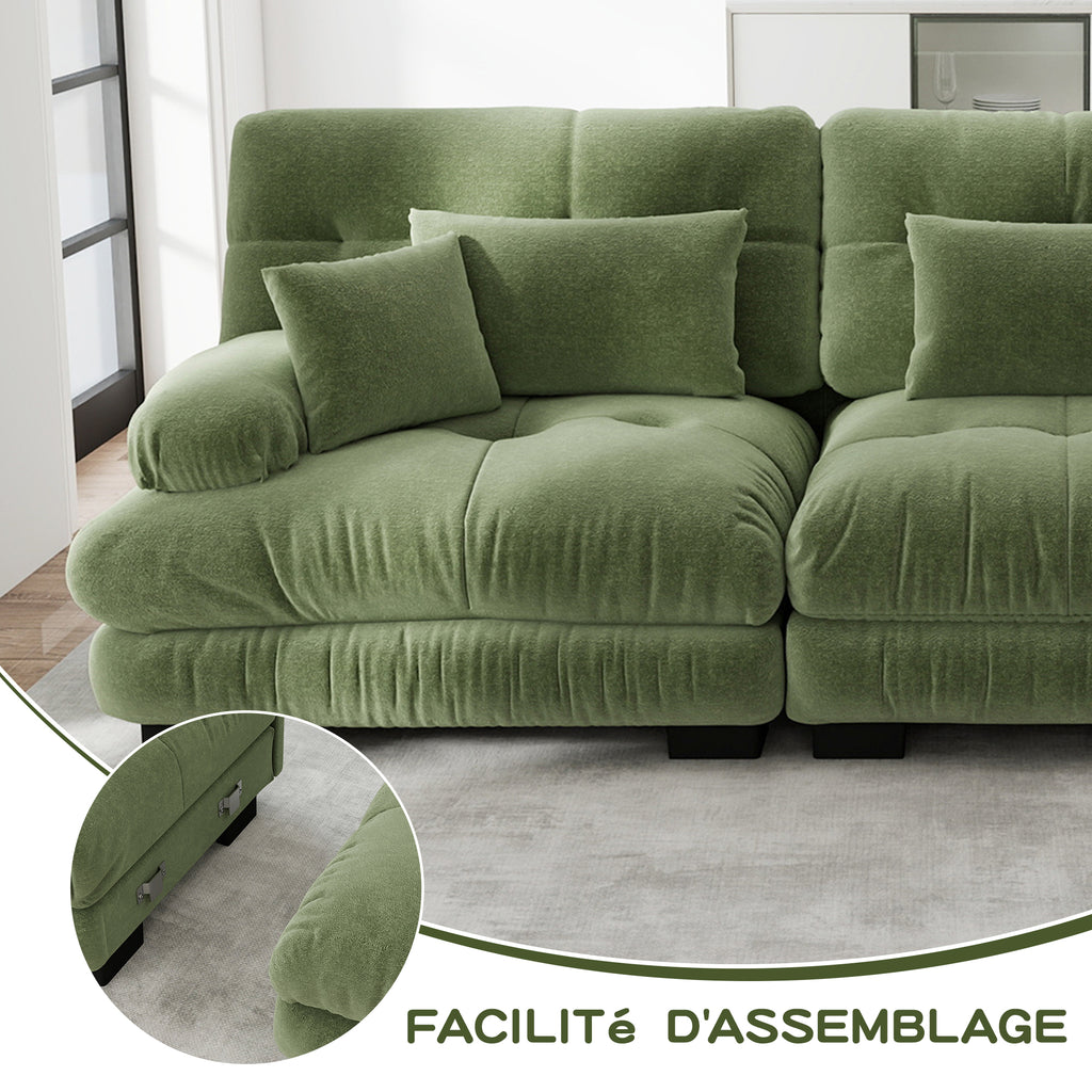 Sofá angular modular de 4 plazas con asiento profundo, sofá cama de chenille, cómodamente revestido para salón, apartamento, estudio, oficina, chenille verde