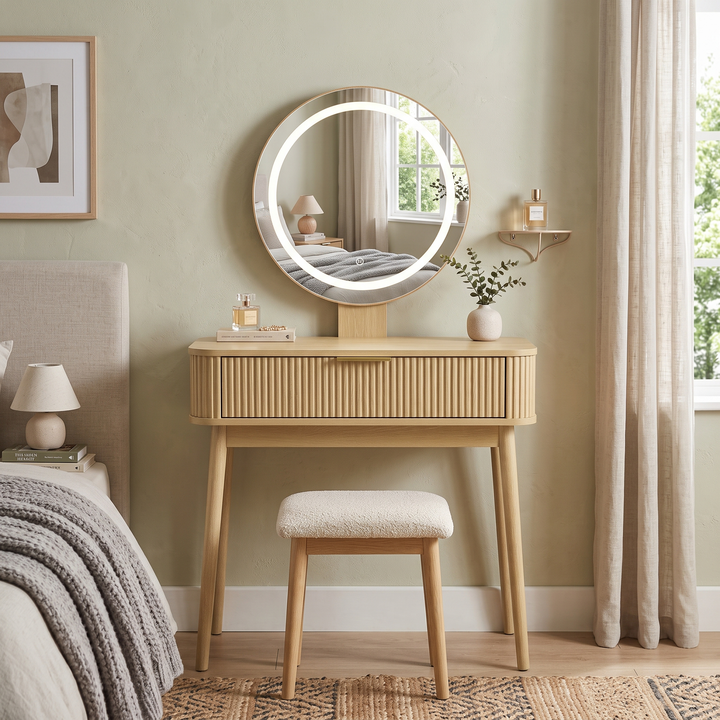 Ducha de pie con iluminación LED y espejo, 80 x 40 x 133 cm, con cajones extra grandes, ideal para pequeños espacios y dormitorios, color de madera de oca (Sin sillas)