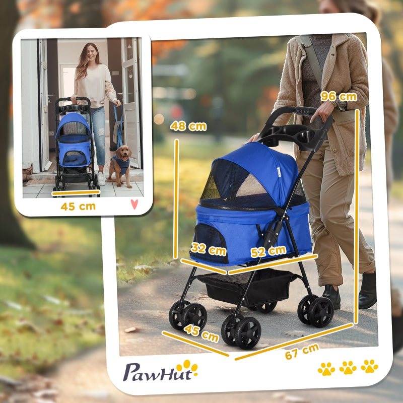 Cochecito para mascotas con función de plegado, cochecito para mascotas con ruedas dobles para perros y gatos pequeños, cochecito Oxford azul 67 x 45 x 96 cm