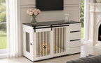 Caja para perro 2 en 1, Hoguera interior para perro, Caja para perro de madera y metal en diseño de mobiliario, como mesita de noche, para perros pequeños a medianos, 140 x 60 x 87 cm, blanca, Mesa con folio de aspecto de mármol negro
